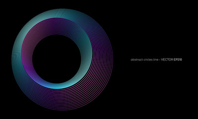 Aufkleber - Abstract circles lines pattern round frame colorful blue green purple light isolated on black background. Vector illustration in concept digital, technology, modern, science.