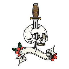 tattoo with banner of a skull and dagger