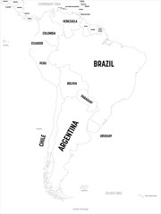 Poster - South America map. High detailed political map South American continent with country, capital, ocean and sea names labeling