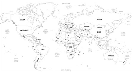 World map. High detailed political map of World with country, capital, ocean and sea names labeling