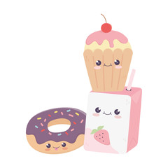 Wall Mural - cute box juice donut and cupcake kawaii cartoon character