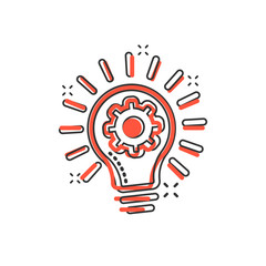 Innovation icon in comic style. Lightbulb with cogwheel cartoon vector illustration on white isolated background. Idea splash effect business concept.