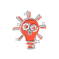 Innovation icon in comic style. Lightbulb with cogwheel cartoon vector illustration on white isolated background. Idea splash effect business concept.