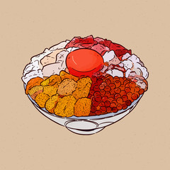 Wall Mural - Kaisen Donburi, a bowl of rice with sashimi on top. Hand draw sketch vector.