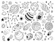 © WinWin - Space doodles. Sketch space planets, hand drawn celestial bodies, earth, sun and moon. Universe space planets vector illustration icons set. Celestial doodle, moon and sun drawing, universe cosmic
