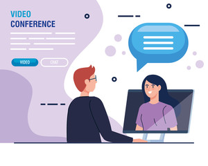 Poster - couple in video conference in computer vector illustration design