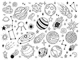 space doodles. sketch space planets, hand drawn celestial bodies, earth, sun and moon. universe spac