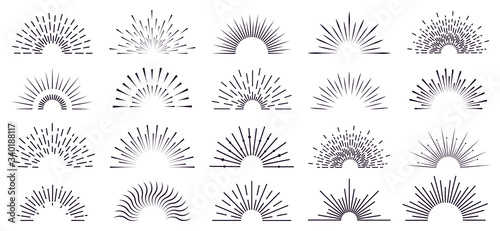 Fototapeta Vintage sunburst. Retro radiant sunburst, starburst hand drawn label, sun rays, firework radiant rays. Bursting explosion lines vector isolated icon set. Sunshine radial, starburst linear illustration