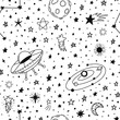Space hand drawn pattern. Seamless doodle space planets and stars pattern, sketch celestial bodies doodles. Galaxy elements vector background. Spaceship and rocket, cosmos with spacecraft illustration