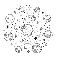 Wall Mural - doodle solar system. hand drawn sketch planets, cosmic comet and stars, astronomy space doodles. cel