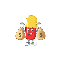 Sticker - Blissful rich red yellow capsules cartoon character having money bags