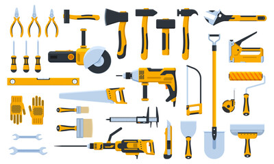 construction tools. building repair hand tools, renovation kit, hammer, saw, drill and shovel. home 