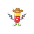 A cowboy cartoon character of red yellow capsules holding guns