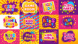 © WinWin - Kids game zone banner. Children game party posters, kid play area, entertainment, education room. Baby playground posters vector illustration set. Kid area for game play, menu for childen emblem
