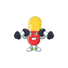 Wall Mural - Fitness exercise red yellow capsules cartoon character using barbells