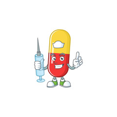 Sticker - Friendly Nurse red yellow capsules mascot design style using syringe