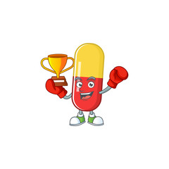 Poster - Proudly face of boxing winner red yellow capsules presented in cartoon character design