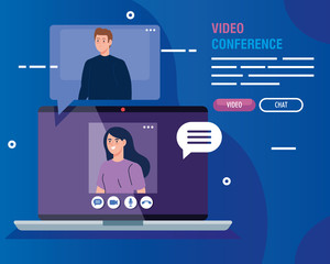 Wall Mural - couple in video conference in laptop vector illustration design