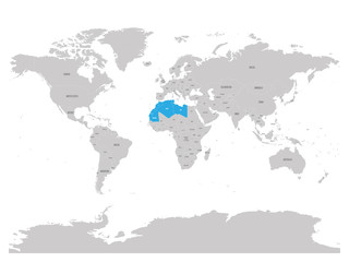  Map of Maghreb countries - Northwest Africa states blue highlighted in World map. Vector illustration