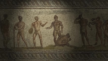 animated ancient roman patchwork mosaic of athletes practicing sports