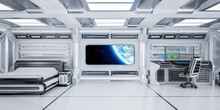 Futuristic Science Fiction Bedroom Interior With Planet Earth View In Space Station, 3D Rendering