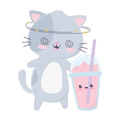 Wall Mural - cute crazy cat with milkshake snack kawaii cartoon character