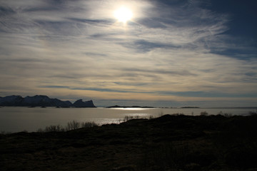 sunset, sky, sun, sunrise, nature, clouds,  landscape, evening, light, sea, cloud, blue beautiful, horizon, red, sunlight, mountain view, ocean tromso tromsø  water travel tourism sea coast nature 