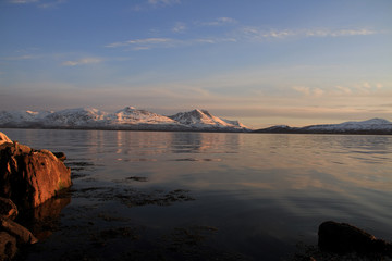 sunset, sky, sun, sunrise, nature, clouds,  landscape, evening, light, sea, cloud, blue beautiful, horizon, red, sunlight, mountain view, ocean tromso tromsø  water travel tourism sea coast nature 