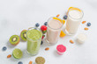 Assorted vegetarian protein cocktails with ingredients. Protein Shake. Sports nutrition and healthy lifestyle concept.  