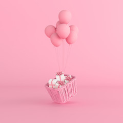 Poster - Minimal conceptual idea of present in the basket floating by pink balloons on pastel background. 3D rendering 