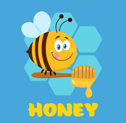 Wall Mural - Cute Bee Cartoon Character Flying With A Honey Spoon. Flat Vector Illustration With Background And Text