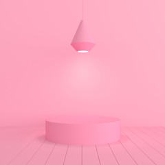 Poster - Minimal mock up scene with round podium and hanging lamp on pink background. 3D rendering.
