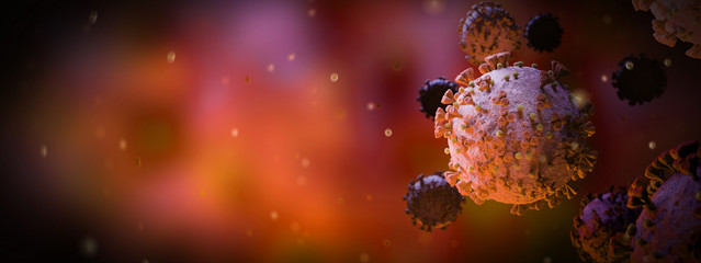 Poster - Microscopic close-up of the covid-19 disease. Coronavirus illness spreading in body cell. 2019-nCoV analysis on microscope level 3D rendering