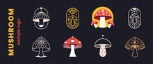 Mushrooms Set Logo Farm Organic Design. Fungi Medicine Agriculture Symbol Design On A Black Background. Vector Illustration.