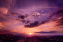 Dramatic, Emotional And Romantic Sunset Sky In Dark Gorgeous Red And Purple Colors