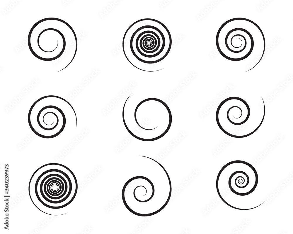 Spiral and swirl motion twisting circles design element set. Vector illustration - obrazy, fototapety, plakaty 