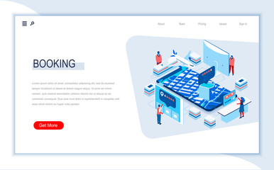 Aufkleber - Online booking isometric landing page. Travel application for ticket orders, hotel search, review and reservation. Digital technology and devices. Busy people in work situation 3d vector isometry.