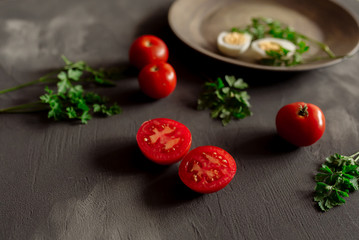 Wall Mural - Tomatoes and eggs for diet  vegetarian vitamin dinner