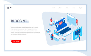 Aufkleber - Blogging isometric landing page. Social content and blogging, network communication, internet posting and messaging. Digital technology and devices. Busy people in work situation 3d vector isometry.