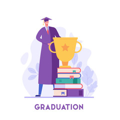 Successful graduate stands with win cup and stock of books. Celebrating university graduation. Concept of successful studying, high school, academic education.  Vector illustration in flat design