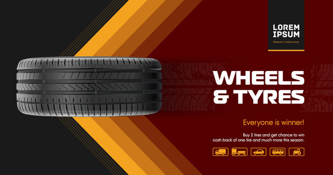 Tyre car advertisement poster. Car tire and track traces. Vector illustration dirty grunge. 3D illustration wheel. Black rubber tire.  Banner. Promo. Information. Store. Action. Car Service. Repair.