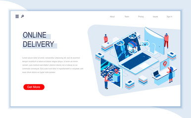 Aufkleber - Online delivery isometric landing page. Express delivery service, worldwide commercial shipment, online order and tracking. Digital technology and devices. People in work situation 3d vector isometry.