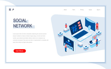 Aufkleber - Social network isometric landing page. Internet community communication, social media content sharing, posting message. Digital technology and devices. Busy people in work situation 3d vector isometry