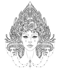 Wall Mural - Tribal Fusion Boho Diva. Beautiful Asian divine girl with ornate crown, kokoshnik inspired. Bohemian goddess. Hand drawn elegant illustration. Lotus flower, ethnic art, patterned Indian paisley.