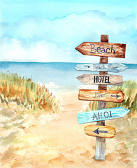 Information signpos on the beach. Blue sky, nice weather. Happy holiday.  Stock illustration. Hand painted in watercolor.