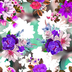 Wall Mural - Pattern with spring flowers Pattern with spring flowers with branch, on black background with flower silhouette