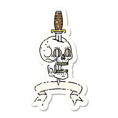 grunge sticker with banner of a skull and dagger