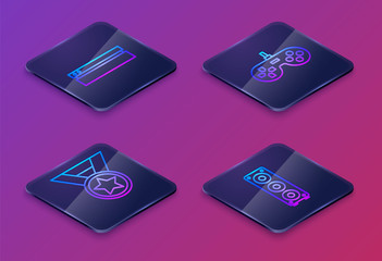 Sticker - Set Isometric line Video game console, Medal, Gamepad and Stereo speaker. Blue square button. Vector