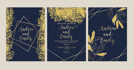 Wedding invitation card templates with navy blue  background, gold geometric frame, glitter and line hand drawn leaves