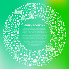 Green Economy Concept In Circle With Thin Line Icons: Financial Growth, Green City, Zero Waste, Circular Economy, Anti-globalism, Global Consumption. Vector Illustration For Environmental Issues.